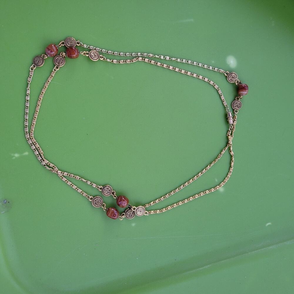 Vintage‎ Gold Tone Double Strand Necklace with Carnelian-Style Beads & Etched